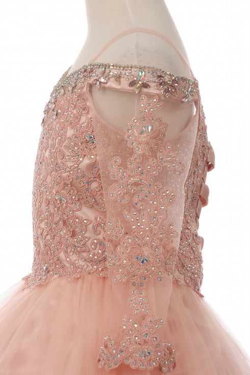 Big Girls Blush Off Shoulder Long Sleeve Rhinestone  Pageant Dress 8-16 - SophiasStyle.com